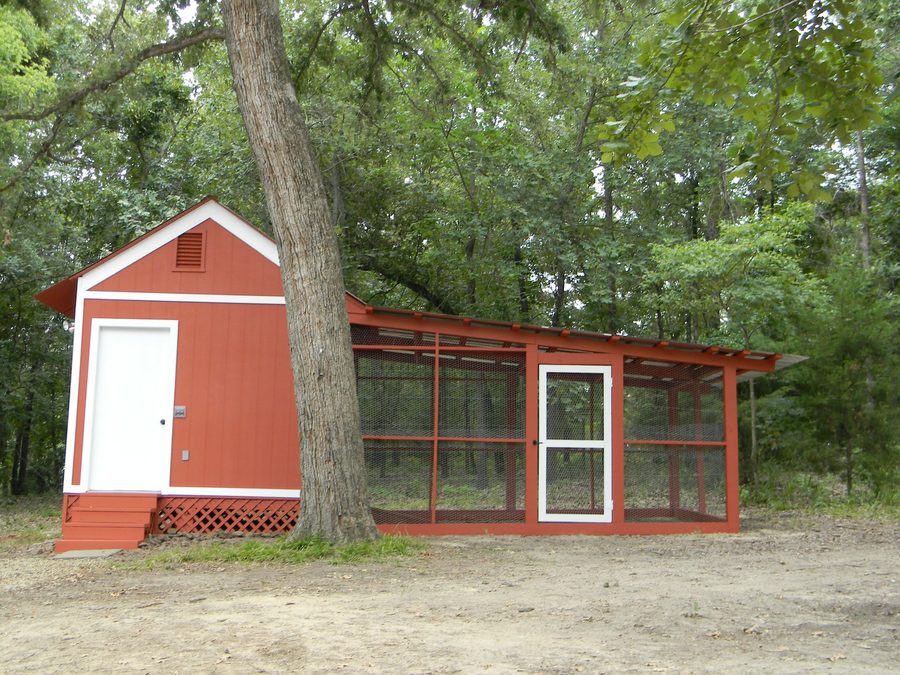 Custom outbuilding construction — painted barn with enclosed run, East Texas
