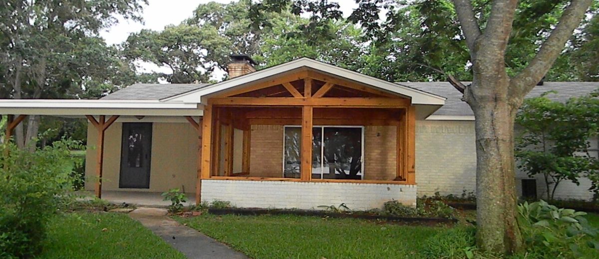 Residential porch addition — cedar timber framing, East Texas